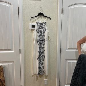 NWT. Maison Jules Navy Blue and White Embroidered Dress with Skinny Straps